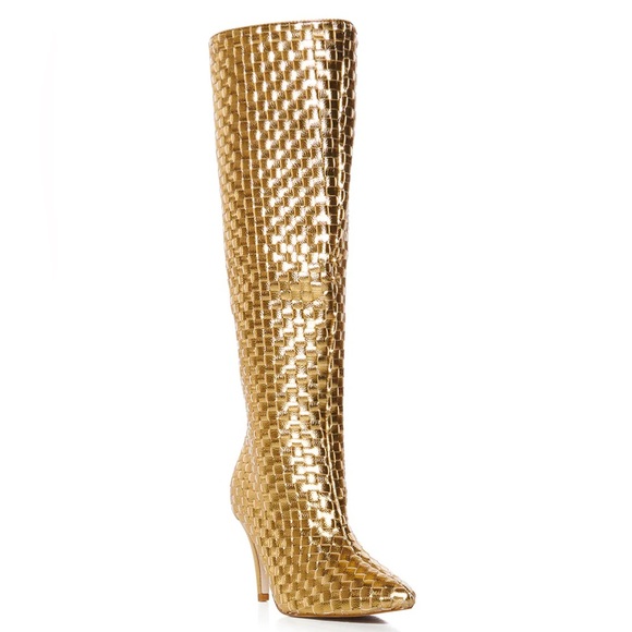Azalea Wang Metallic Gold Woven Leather Knee High Boots - Picture 3 of 4
